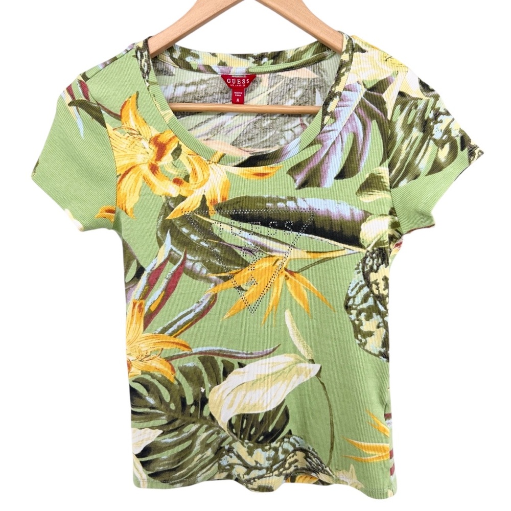 Guess Y2K Tropical Rhinestone Logo Tee Sz S Green Yellow Bird of Paradise Ribbed